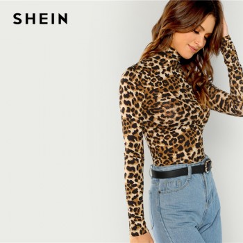  High Neck Leopard Print Fitted Pullovers Long Sleeve 